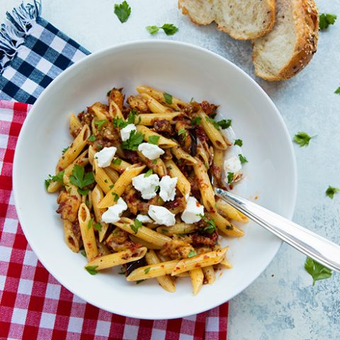 Penne Pasta With Eggplant, Sun-Dried Tomato Pesto And Goat Cheese
