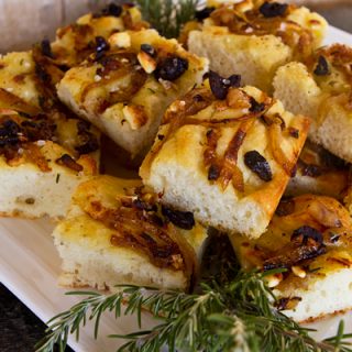 Potato Focaccia With Caramelized Onions, Olives & Rosemary