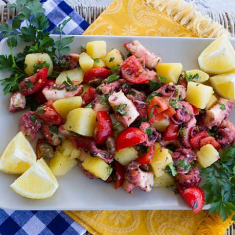 Octopus Salad With Potatoes, Tomatoes, Olives, & Capers