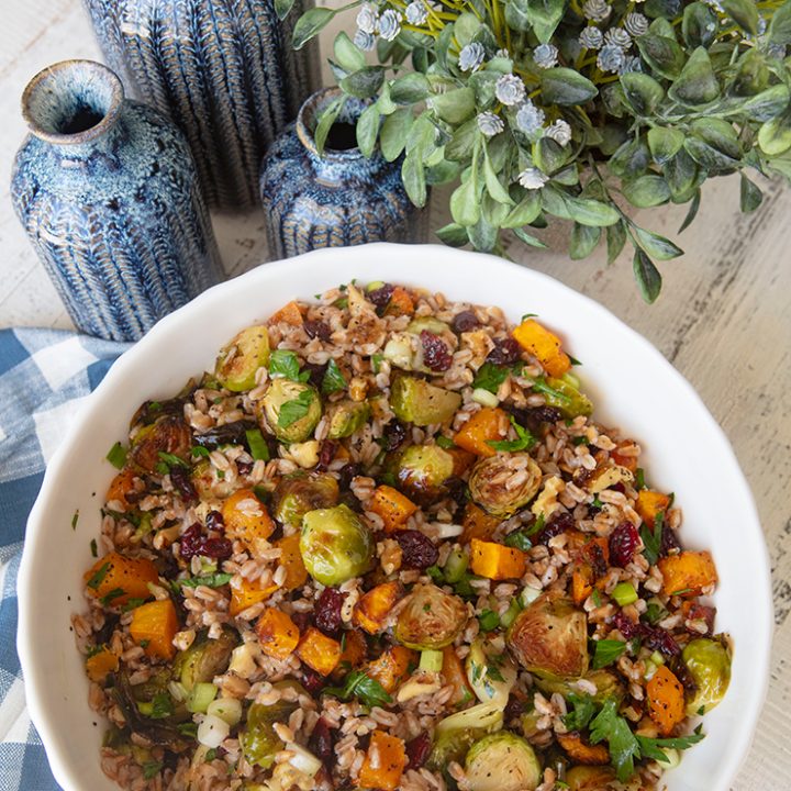 Fall Farro Salad With Roasted Brussels Sprouts, Pumpkin, Cranberries & Walnuts