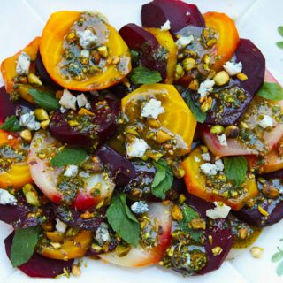 Roasted Mixed Beets With Pistachio Pesto & Blue Cheese Crumbles