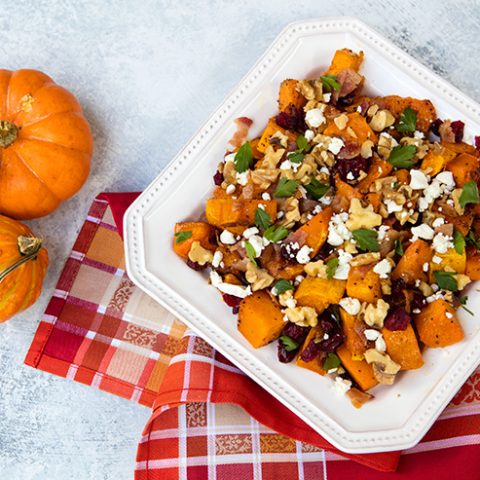Roasted Butternut Squash With Dried Cranberries, Walnuts, and Gorgonzola Crumbles