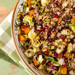 New Year's Lentil & Farro Salad With Roasted Sweet Potato & Brussels Sprouts