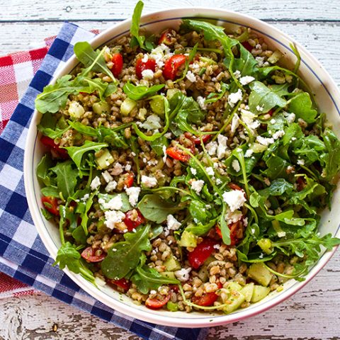 Farro Salad With Tomatoes, Cucumbers, Arugula, & Feta Cheese