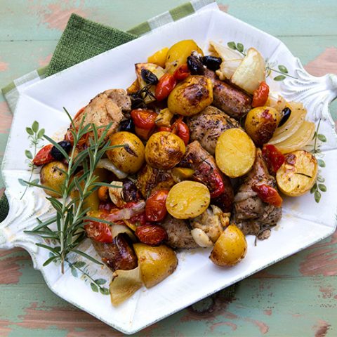 Skillet Roasted Chicken, Potatoes, & Sausages