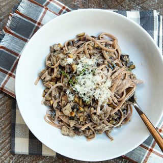 Farro Pasta With In A Creamy Thyme Sauce With Mushrooms & Sausage