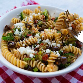 Pasta with Broccoli, Sun-Dried Tomatoes, & Goat Cheese Crumbles