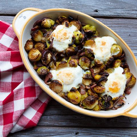 Roasted Brussels Sprouts With Bacon, Onions, & Eggs