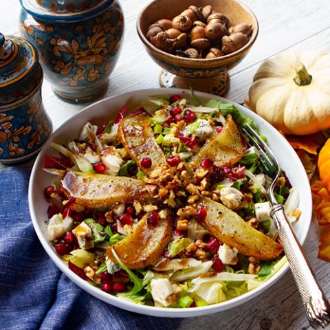 Fall Harvest Salad With Roasted Pears, Bitter Greens, & Gorgonzola